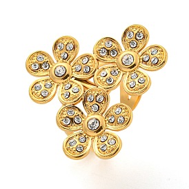 304 Stainless Steel Cuff Rings, Rhinestone Flower Open Rings for Women