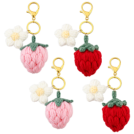 4шт. 2 стильные хлопковые брелоки ручной работы, с железными кольцами и застежками сплава когтя омара, клубника с цветком, золотой свет