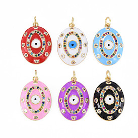 Brass Micro Pave Colorful Cubic Zirconia Pendants, with Jump Rings and Enamel, Nickel Free, Oval with Evil Eye, Real 16K Gold Plated