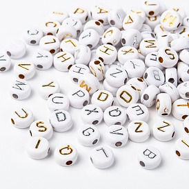Perles acryliques plaquées, métal enlacée, trou horizontal, mélange de lettres, plat rond