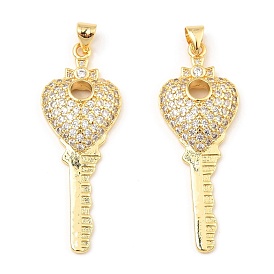 Rack Plating Brass Micro Pave Clear Cubic Zirconia Pendants, Key with Heart