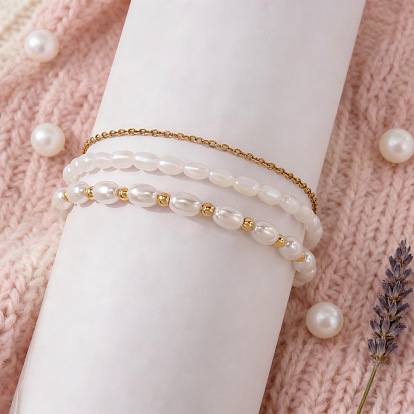 3шт. 3 стильные элегантные браслеты из искусственного жемчуга с бусинами, эластичные, наборы, Браслеты для женщин, которые можно носить в несколько рядов, с застежками из нержавеющей стали и латуни., белые