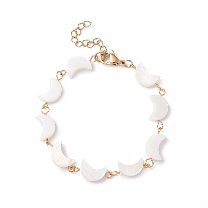 Natural Shell Moon Link Chain Bracelet, 304 Stainless Steel Jewelry for Women, Golden