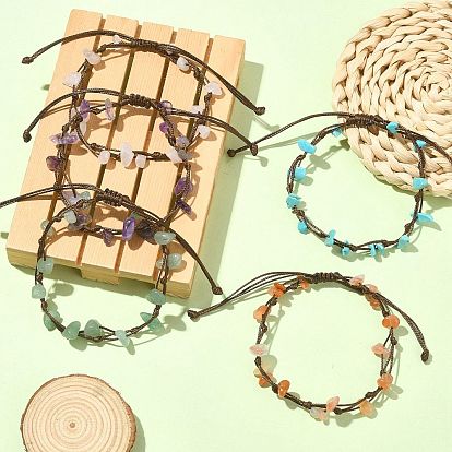 5Pcs 5 Style Natural & Synthetic Mixed Gemstone Chips Braided Bead Bracelets Set, Waxed Polyester Adjustable Bracelets for Women