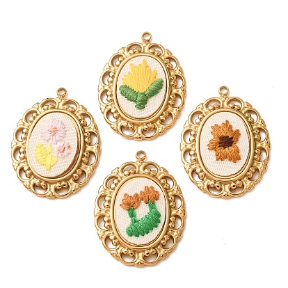 304 Stainless Steel & Cloth Embroidered Pendants, Oval with Flower Charms, Ion Plating(IP), Long-Lasting Plated, Real 18K Gold Plated