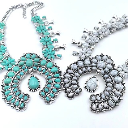 Ожерелья-нагрудники из сплава и синтетической бирюзы в стиле бохо-цветок для женщин