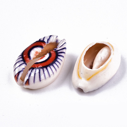 Printed Natural Cowrie Shell Beads, No Hole/Undrilled, with Evil Eye Pattern