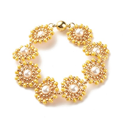 Shell Pearl Flower Link Bracelet, Glass Seed Braided Bracelet with Brass Magnetic Clasp for Women, Golden