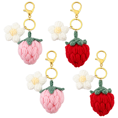 4шт. 2 стильные хлопковые брелоки ручной работы, с железными кольцами и застежками сплава когтя омара, клубника с цветком, золотой свет