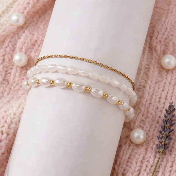 3шт. 3 стильные элегантные браслеты из искусственного жемчуга с бусинами, эластичные, наборы, Браслеты для женщин, которые можно носить в несколько рядов, с застежками из нержавеющей стали и латуни., белые