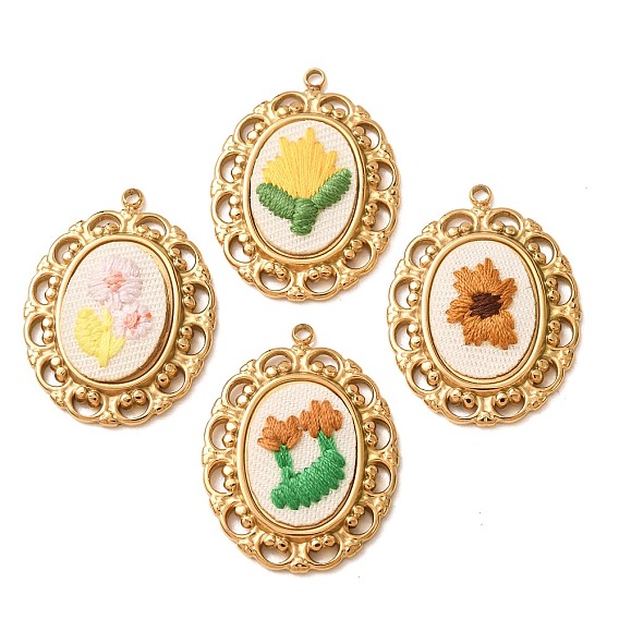 304 Stainless Steel & Cloth Embroidered Pendants, Oval with Flower Charms, Ion Plating(IP), Long-Lasting Plated, Real 18K Gold Plated