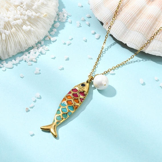 Collares con colgante de pez colorido de acero inoxidable esmaltado con perlas Edison naturales 304 para mujer