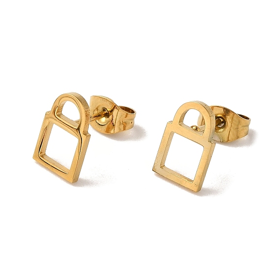 PVD Vacuum Plating 304 Stainless Steel Stud Earrings, Hollow Padlock