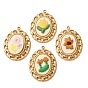 304 Stainless Steel & Cloth Embroidered Pendants, Oval with Flower Charms, Ion Plating(IP), Long-Lasting Plated, Real 18K Gold Plated