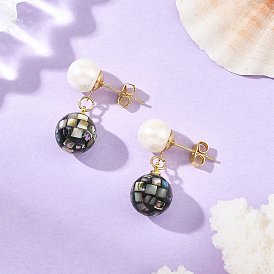 304 Stainless Steel Stud Earrings, Round, Abalone Shell Beads and Shell Pearls Beads Dangle Earrings