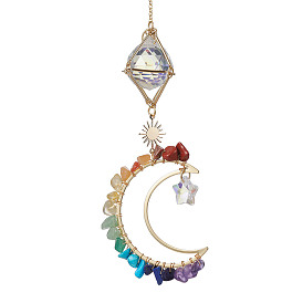 Natural & Synthetic Gemstone Chip Pendant Decorations with Brass Moon & Cable Chain, Faceted Round Glass Crystal Ball & Star Prism Suncatchers