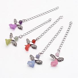 Brass Chain Extender, Platinum, with Gemstone Beads and Transparent Acrylic Beads, Frosted, Lovely Wedding Dress Angel Dangle,