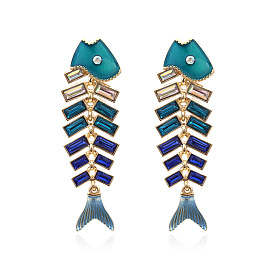 Exaggerated Personality Alloy Fishbone Earrings with Oil Painting, Simple and Fashionable Animal Colorful Diamond Drop Oil Ear Pendants for Women