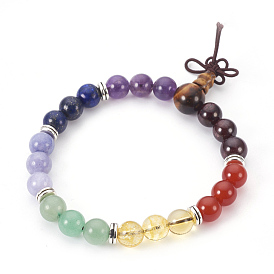 Natural Mixed Stone Stretch Bracelets, with Metal Findings and Burlap Packing, Round