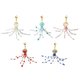 Octopus Glass Beaded Pendant Decorations, with 304 Stainless Steel Lobster Claw Clasps