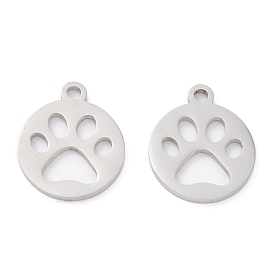 201 Stainless Steel Pendants, Laser Cut, Manual Polishing, Flat Round with Paw Print
