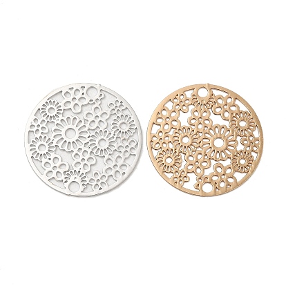 Подвески из латуни с покрытием для стойки, гравированные металлические украшения, долговечный, без кадмия, без никеля и без свинца, плоские круглые звенья с цветком