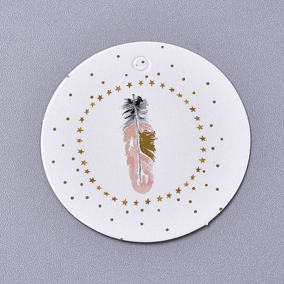 Paper Gift Tags, Hange Tags, For Arts and Crafts, For Wedding/Valentine's Day/Thanksgiving, Flat Round with Feather Pattern