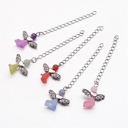 Brass Chain Extender, Platinum, with Gemstone Beads and Transparent Acrylic Beads, Frosted, Lovely Wedding Dress Angel Dangle,