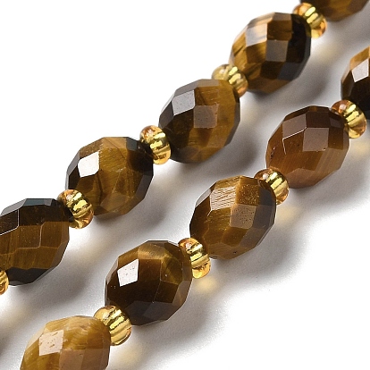 Natural Tiger Eye Beads Strands, with Seed Beads, Faceted, Oval
