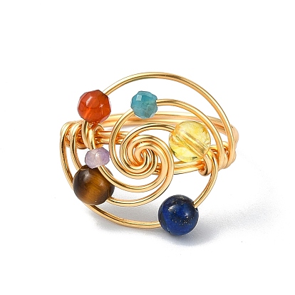 Copper Wire Wrapped Vortex Finger Ring, Natural Mixed Gemstone Beaded Chakra Ring