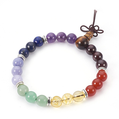 Natural Mixed Stone Stretch Bracelets, with Metal Findings and Burlap Packing, Round
