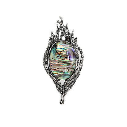 Broches en forme de plume, coquille d'ormeau/coquille de paua, épinglettes en alliage de strass