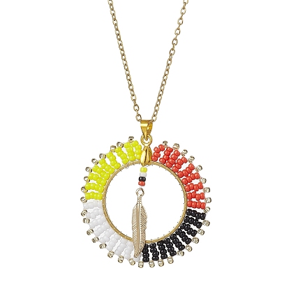 Glass Seed Beads Boho Pendant Necklaces, Flat Round with Feather