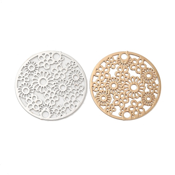 Подвески из латуни с покрытием для стойки, гравированные металлические украшения, долговечный, без кадмия, без никеля и без свинца, плоские круглые звенья с цветком