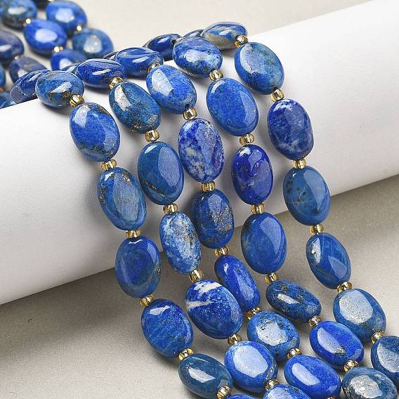 Нитки бусины из натурального ляписа-лазури, с бисером, Плоско-овальные, класс А