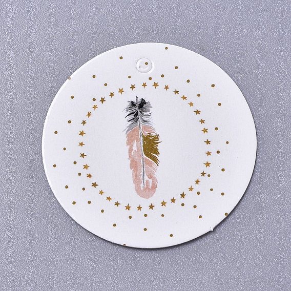 Paper Gift Tags, Hange Tags, For Arts and Crafts, For Wedding/Valentine's Day/Thanksgiving, Flat Round with Feather Pattern