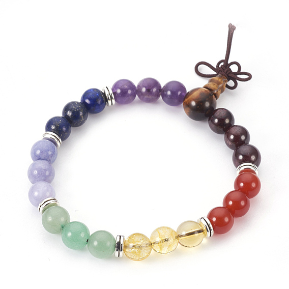 Natural Mixed Stone Stretch Bracelets, with Metal Findings and Burlap Packing, Round