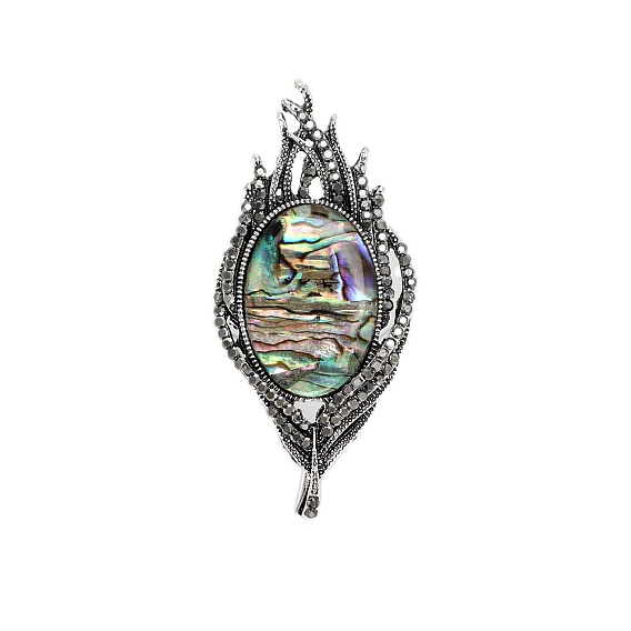 Broches en forme de plume, coquille d'ormeau/coquille de paua, épinglettes en alliage de strass