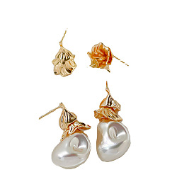 Leaf Shape Brass Stud Earrings Findings, with 925 Sterling Silver Pins, for Half Drilled Beads