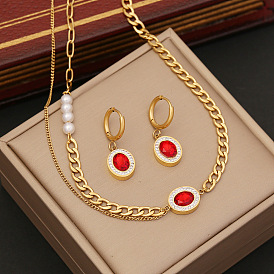 Red Zircon Pearl Necklace with Double Layer Stainless Steel Collar Chain - N1058