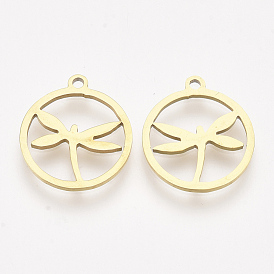 201 Stainless Steel Pendants, Laser Cut Pendants, Flat Round with Dragonfly