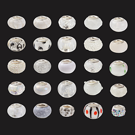 50Pcs 25 Styles Acrylic & Resin & Glass & Polymer Clay Rhinestone European Beads, Large Hole Beads, with Plated Brass Double Cores, Rondelle
