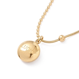 Collier pendentif rond plat avec mot chanceux avec chaînes boules, placage ionique (ip) 304 bijoux en acier inoxydable pour femmes
