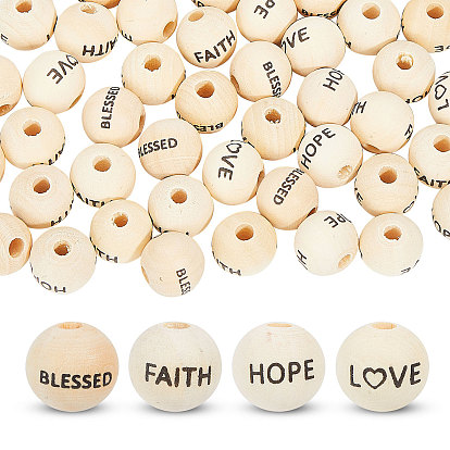 120шт 4 стили деревянные бусины, круглый со словом
