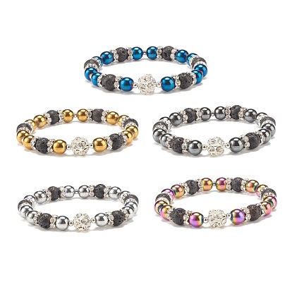 Synthetic Hematite & Natural Lava Rock Stretch Bracelet with Rhinestone, Essential Oil Gemstone Jewelry for Women