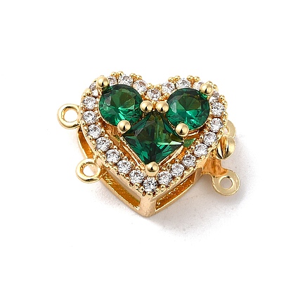 Rack Plating Brass Micro Pave Clear Cubic Zirconia Box Clasps, with Green Glass, 2-Strand, 4-Hole, Cadmium Free & Lead Free, Long-Lasting Plated, Heart