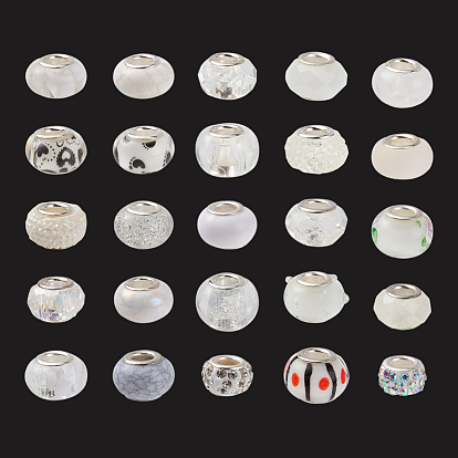 50Pcs 25 Styles Acrylic & Resin & Glass & Polymer Clay Rhinestone European Beads, Large Hole Beads, with Plated Brass Double Cores, Rondelle