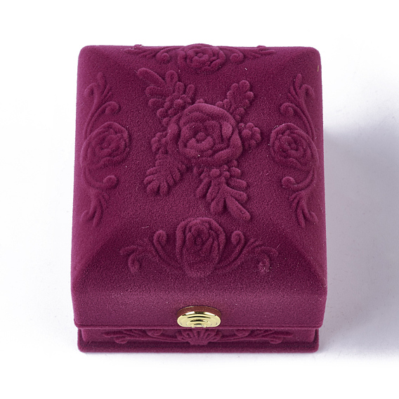 Rose Flower Pattern Velvet Ring Jewelry Boxes, with Cloth and Plastic, Rectangle