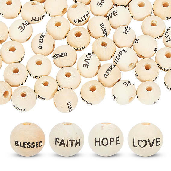 120шт 4 стили деревянные бусины, круглый со словом