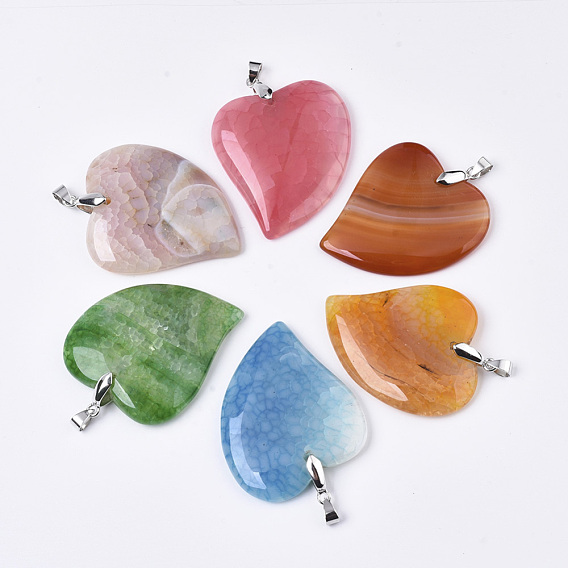 Natural Agate Pendants, with Platinum Plated Brass Pinch Bails, Dyed, Heart